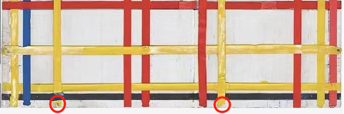  “正确”悬挂方式下，《纽约城一号》底部放大版。图中红色圆圈为编辑标注，原图来自英国《卫报》官网。