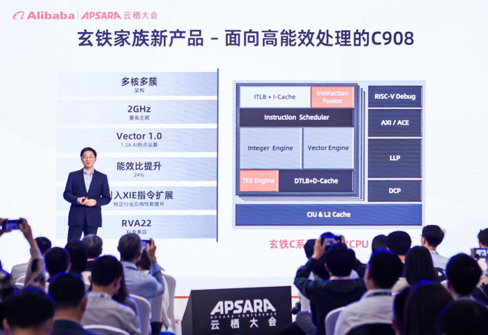 ▲2022云栖大会上，平头哥副总裁孟建熠发布最新RISC-V处理器玄铁C908/图源阿里