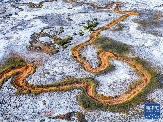 ↑新疆艾比湖湿地国家级自然保护区秋景（2022年10月5日摄，无人机照片）。新华社发（秦桂连 摄）