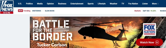　　保守派美媒福克斯新闻网打出了“为边境而战”的标语，主持人是抨击过拜登的塔克·卡尔森。图片来源：福克斯新闻网页面截图