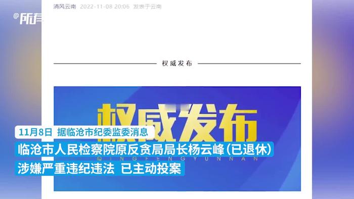 云南临沧市人民检察院原反贪局局长杨云峰主动投案