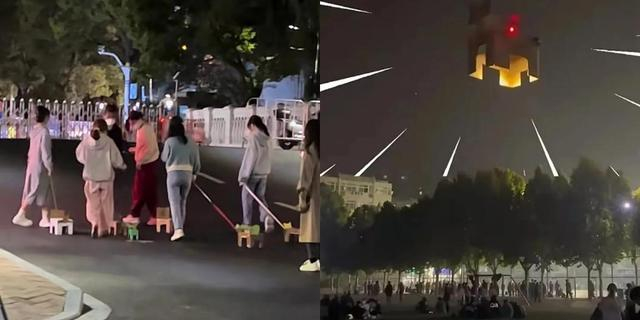 大学生们在校园里“遛狗”、操场上出现“飞狗”。图片源自网络