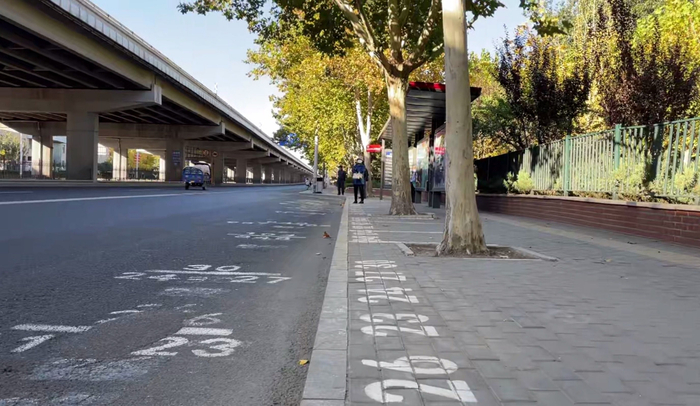 兴政街东口公交站约十多米长的站台上，每半米画着一趟线路的车号标志。新京报记者 耿子叶 摄