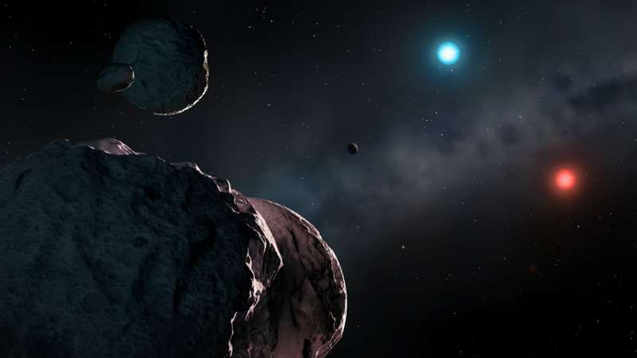 红色白矮星WDJ2147-4035和蓝色白矮星（艺术图）。