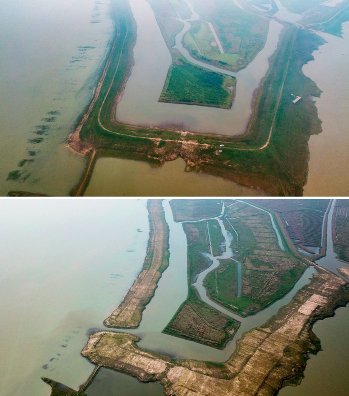 　　拼版照片：上图为2018年5月10日拍摄的夏顺安非法建造的矮围一角 张笑宇摄 / 本刊