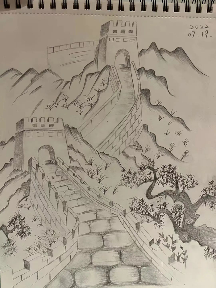 ▲图为袁悦今年7月的素描作品，以寄思乡之情。  受访者供图