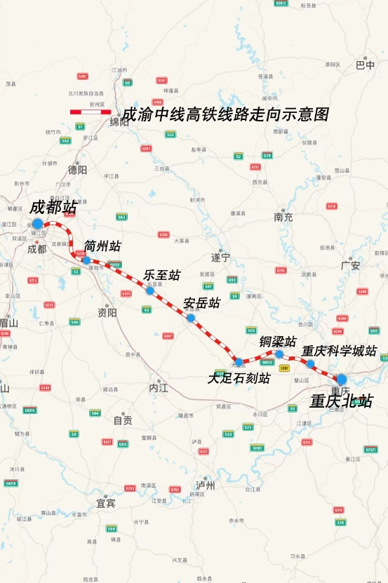 成渝中线高铁线路走向示意图（中国网发 国铁集团供图）