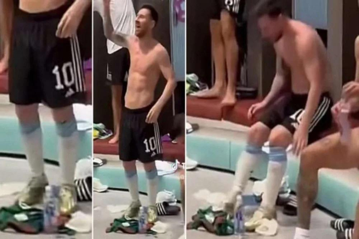 梅西在更衣室庆祝时，把交换回来的墨西哥球衣放在地上。  社交媒体截图