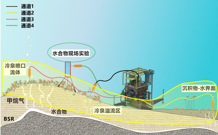 △Mulit-RiPs搭载LOOP在冷泉区域进行原位实验与多目标物长期连续探测示意图