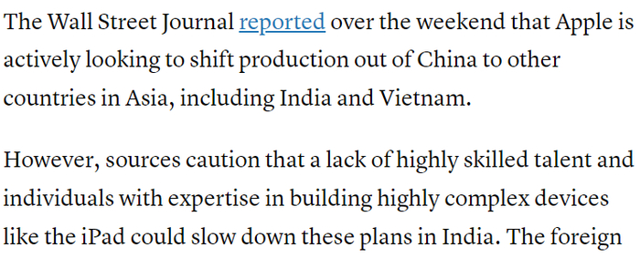 &nbsp;人才和技能短缺是印度承接Ipad产线的一大问题 CNBC报道截图