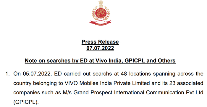 今年7月Vivo遭印度当局“审查”，执法局文件截图