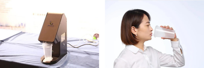 吸入式新冠疫苗配套雾化设备（左）和吸入式新冠疫苗接种模拟图（右）。