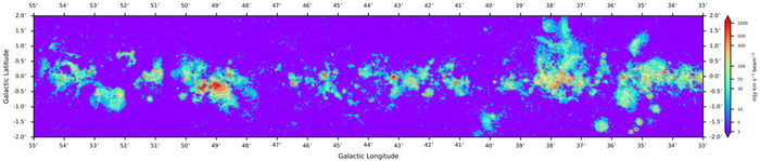 　　↑ FAST揭示的银河系星际空间电离气体分布图（速度区间-40 km/s到+120 km/s的累积，研究团队供图）。