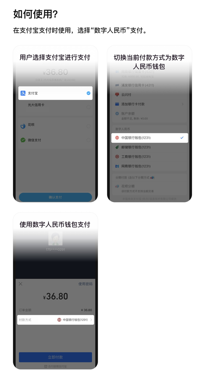 开通支付宝“支付平台”后显示的“如何使用”页面。图片来自数字人民币App