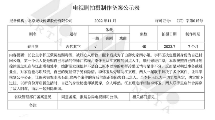 最新的备案公示，《春日宴》的改编提上日程
