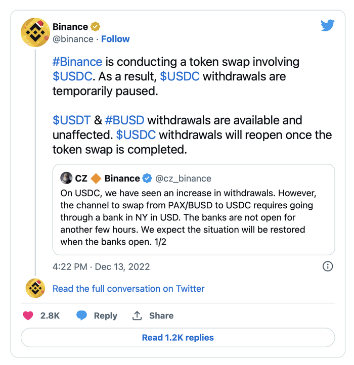 币安在社交平台发布的推文。图片来自推特
