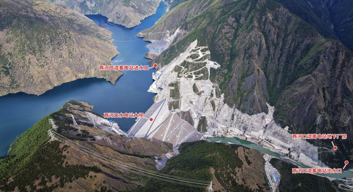 两河口混蓄电站示意图，以两河口水电站水库为上库