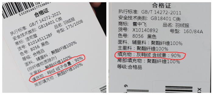 ▲羽绒服吊牌上的“绒子含量”或“含绒量”标称