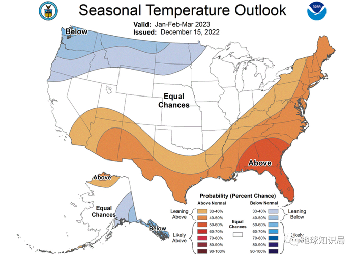 这次寒潮可能只是全球变暖过程中的一个小插曲。（美国1月到3月的季节气温预测 图：NOAA）