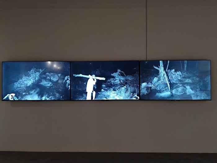 展览现场，程新皓的影像作品《还归何处》