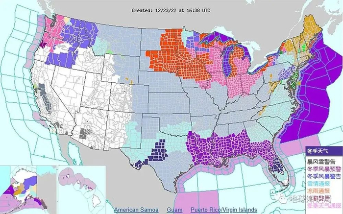 落基山脉以东的每个州基本都处于不同的冬季灾害警报下（12月23日的NWS 监视、警告、咨询地图 图: NOAA）