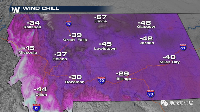 不用到北极也能体会到来自极地的极致寒冷（12月22日 蒙大拿州各地气温 图: twitter）