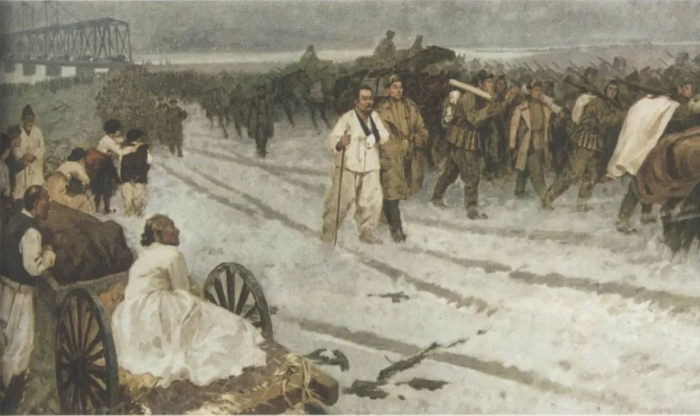 侯一民《跨过鸭绿江》布面油画 1955年 中国人民革命军事博物馆藏