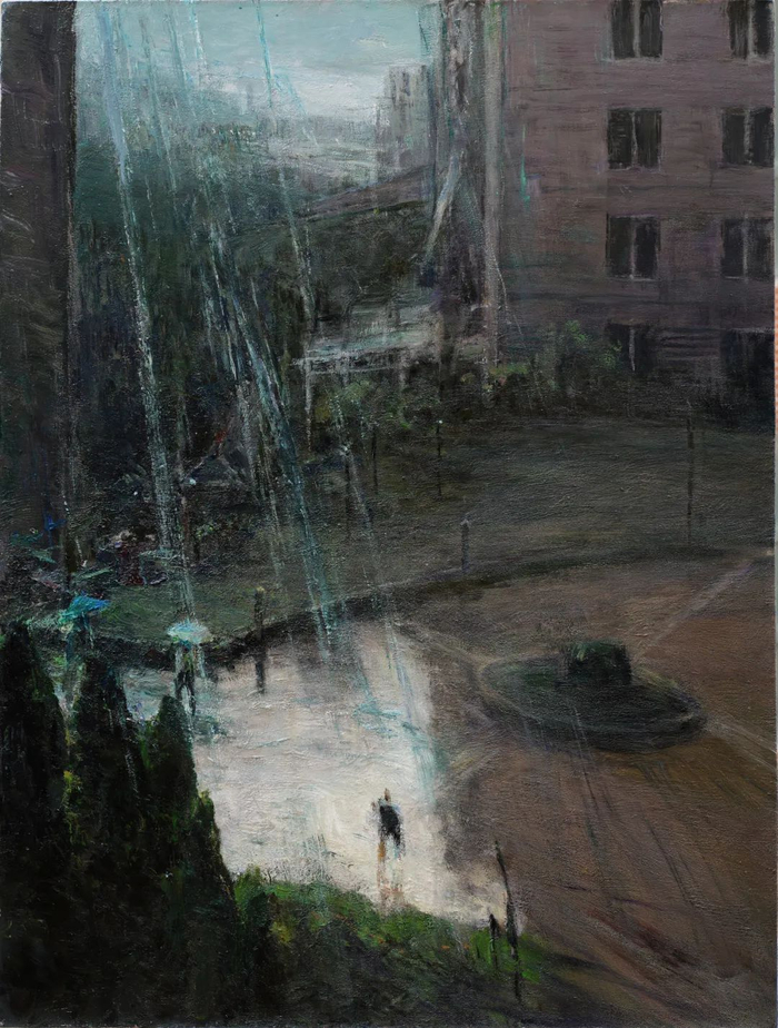 钟涵，楼间急雨，120x90cm  布面油画 ，2014年