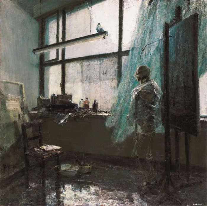 钟涵，雨天的画室来鸽，150×150cm   纸本油画，1995