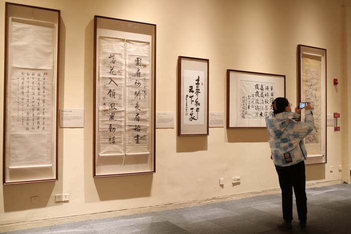 观众在欣赏展出的名家书法作品。  新京报记者 浦峰 摄