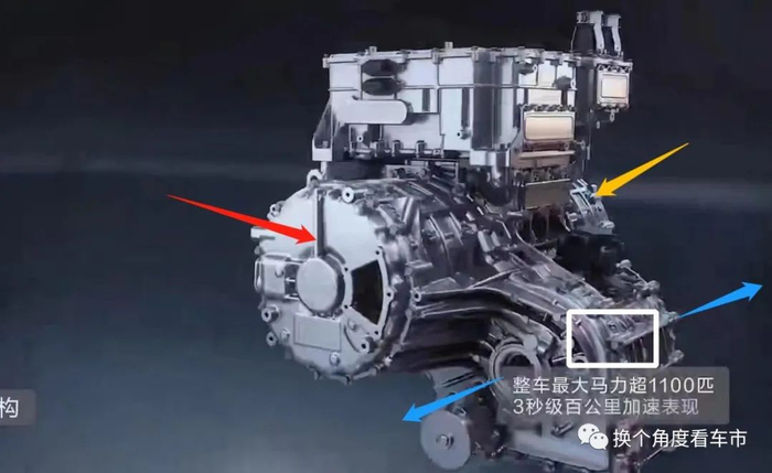 上图为比亚迪官方发布的关于B状态的双轮边电机驱动桥的结构简图。