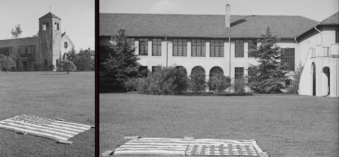 1937年，淞沪抗战期间，为防止被误炸，圣玛利亚女校的草坪上铺上了美国国旗