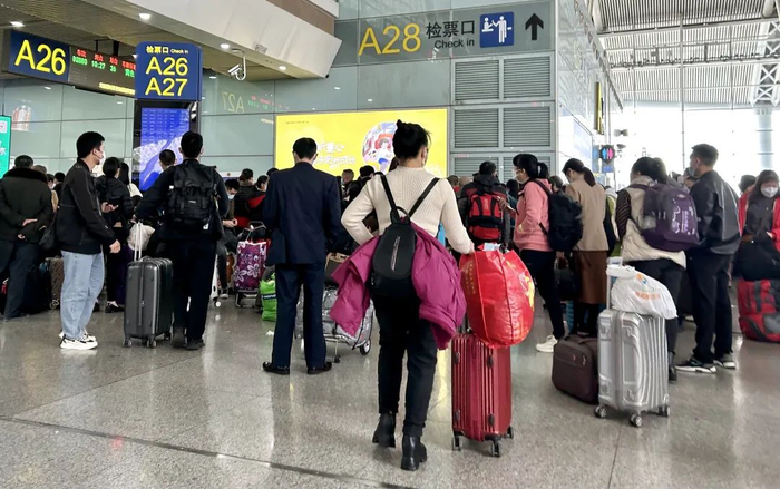 卢会领女士拉着行李箱融入返乡队伍