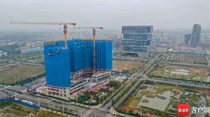 俯瞰海口江东新区鸿园服务式公寓项目，该项目主体结构已于近日实现全面封顶。李昊 摄