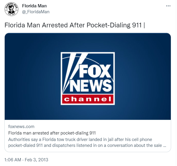 @_FloridaMan早期发布的推文截图，多以“佛罗里达男子”开头，其中也包括一些真实报道。