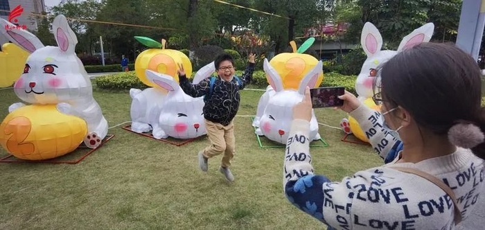 市民在生肖兔造型前留影。