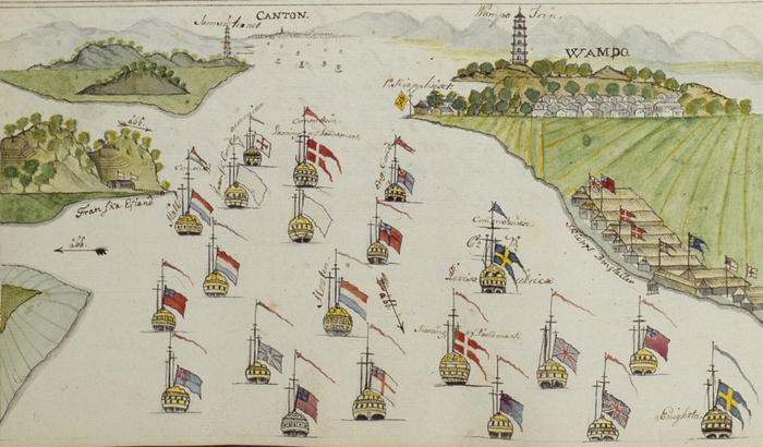 停在广州黄埔的外国帆船,右岸有他们的仓库