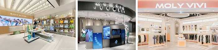 从左到右依次为MAIA ACTIVE、粒子狂热和MOLY VIVI的门店，图源品牌微博、大众点评、官网