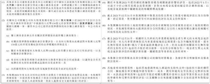 截图自中国恒大公告，罗兵咸永道提及的九大问题