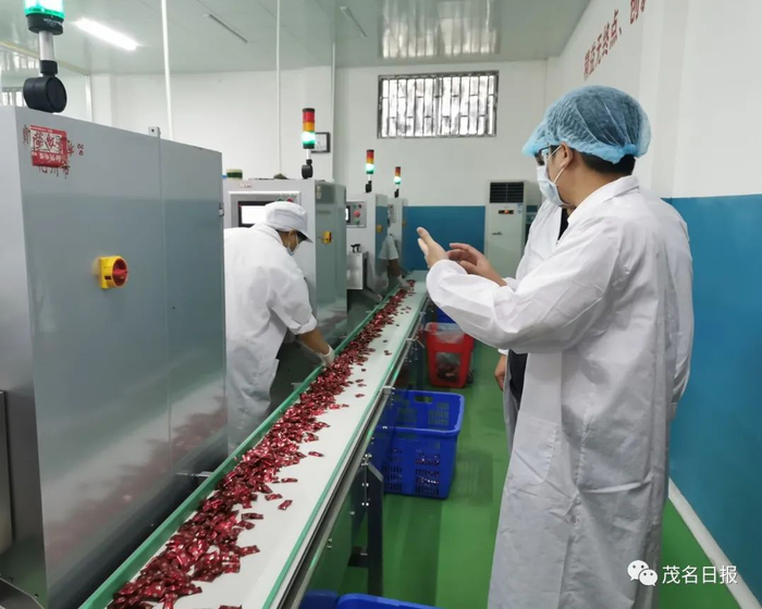 茂名海关关员在橘红糖加工车间现场指导。