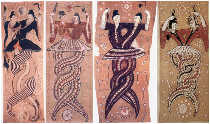 不同形象的伏羲女娲，唐代，新疆吐鲁番出土