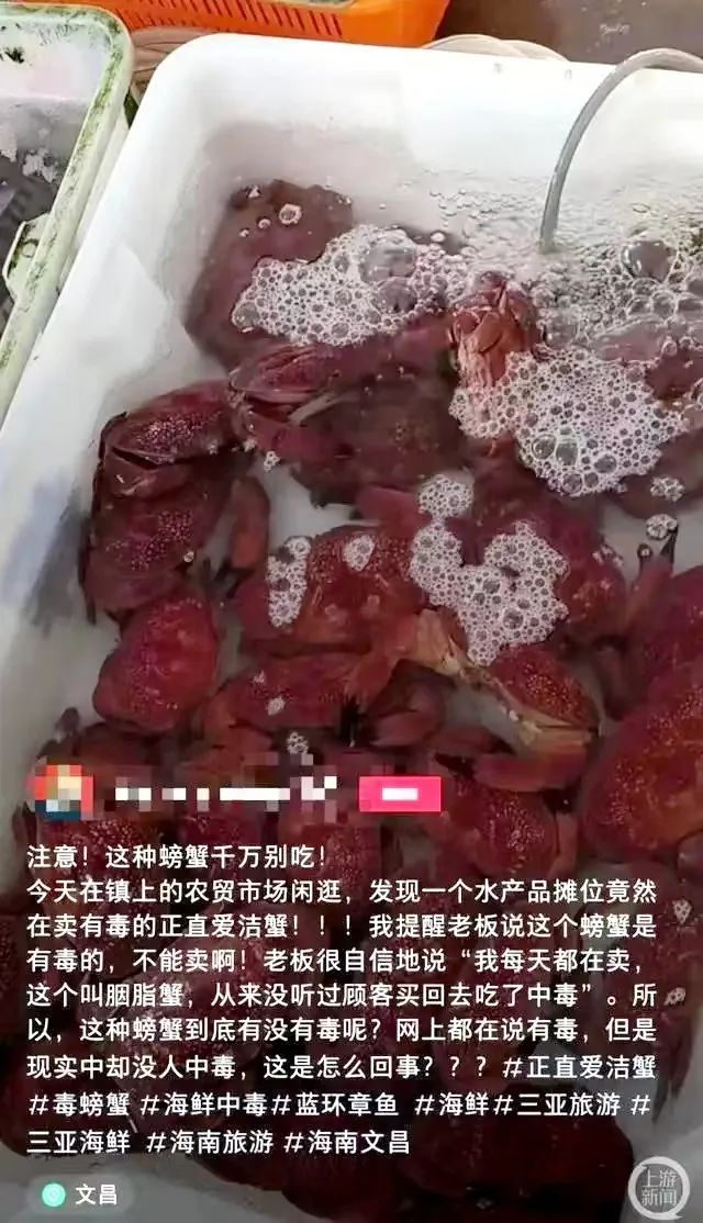 18日，网友在文昌一集贸市场拍到有摊主售卖毒螃蟹