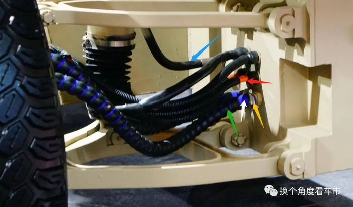 上图为超级轮式无人战车副驾驶员一侧第1转向驱动桥轮毂电机，与车身焊接关联的诸多线缆接口特写。