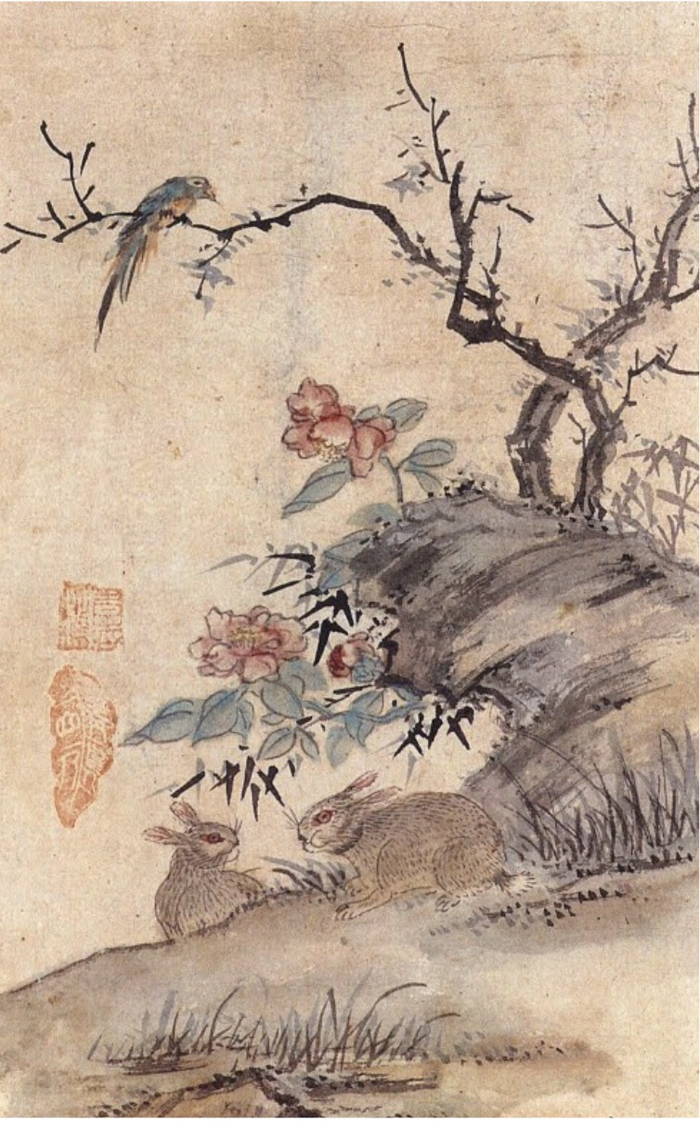 沈思正（Shim Sa-jeong），《春日双兔》，1707/1769，18.1x28.2cm，首尔涧松美术馆藏
