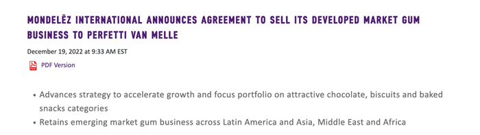 亿滋国际宣布将其发达国家市场口香糖业务出售给不凡帝范梅勒丨图片来源：亿滋