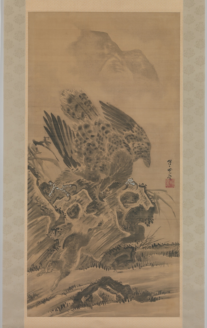  河锅晓斋，《秋鹰兔搏图》，1885年，166.4x83.8cm，纽约大都会艺术博物馆藏