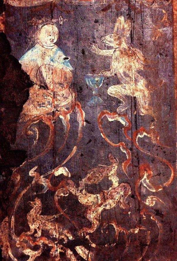 图5：新莽玉兔奉药西王母，河南偃师高龙乡辛村新莽墓壁画