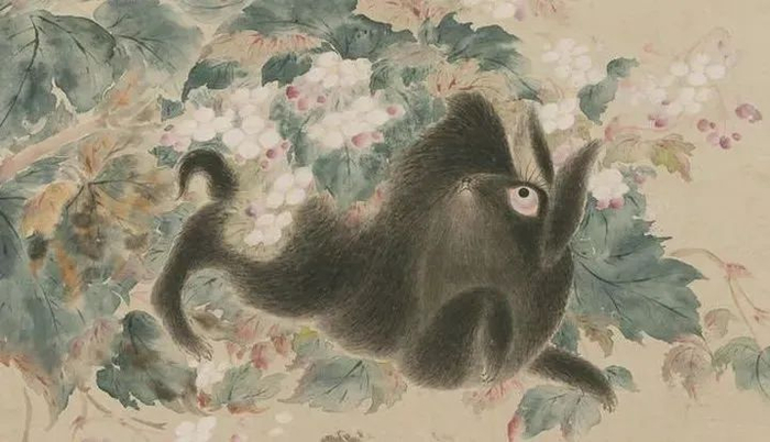 ▲华嵒《海棠禽兔图》局部，故宫博物院藏。尽管身处花丛之中，仍不忘抬头查看从天而降的危险。