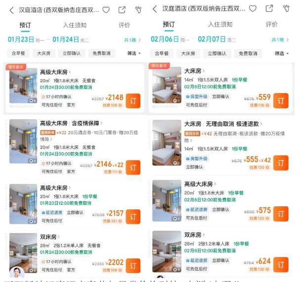 ▲西双版纳汉庭酒店春节与日常价格对比 来源/去哪儿