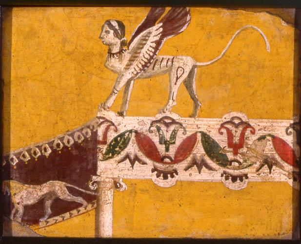 斯芬克斯像立于地毯边缘，庞贝，彩绘壁画，1世纪